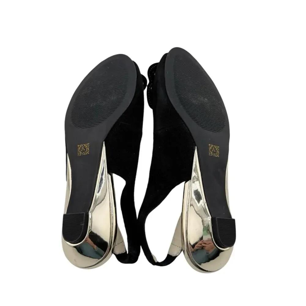 Anne Klein AK Farrah Black Suede Gold Stud Bow Slingback Heels Sz 6 M NWOB